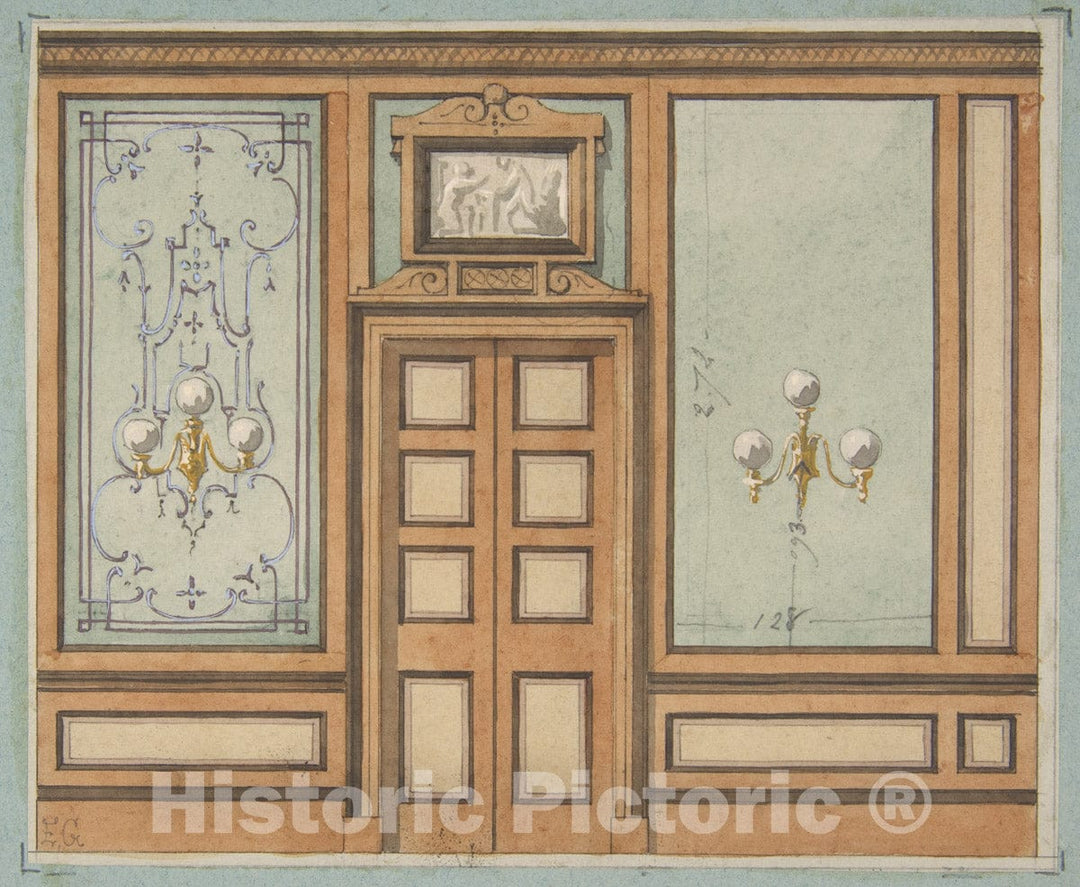 Art Print : Jules-Edmond-Charles Lachaise - Elevation of a Paneled Interior with Double Doors and Gaslight sconces : Vintage Wall Art