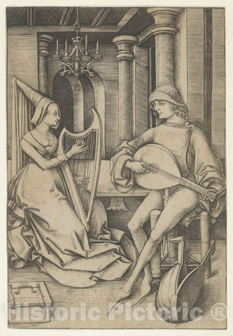 Art Print : Israhel Van Meckenem - Lute Player and Harpist, from Scenes of Daily Life : Vintage Wall Art