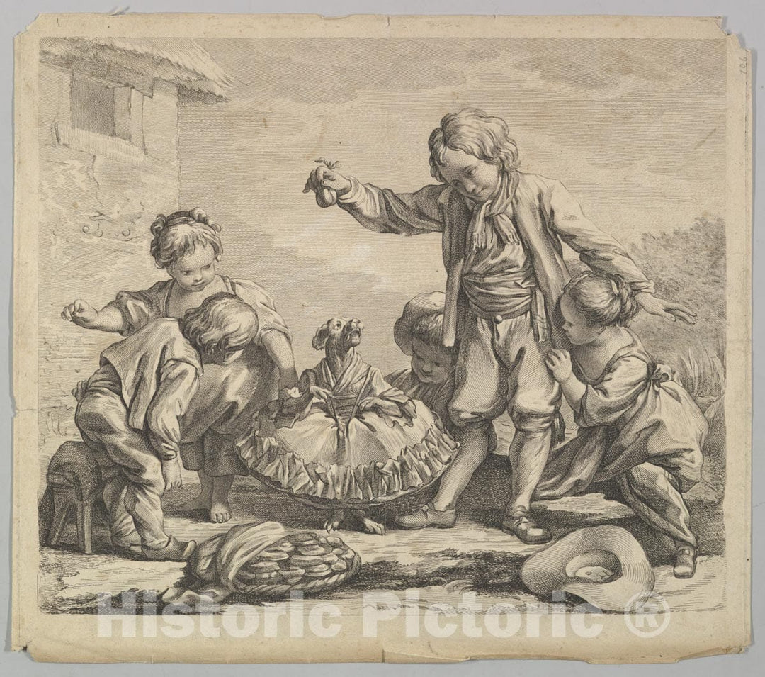 Art Print : Anonymous, French, 18th Century - Five Children with Dancing Dog : Vintage Wall Art
