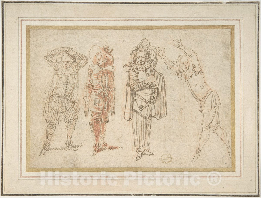 Art Print : Claude Gillot - Figures in Theatrical Costumes 1 : Vintage Wall Art