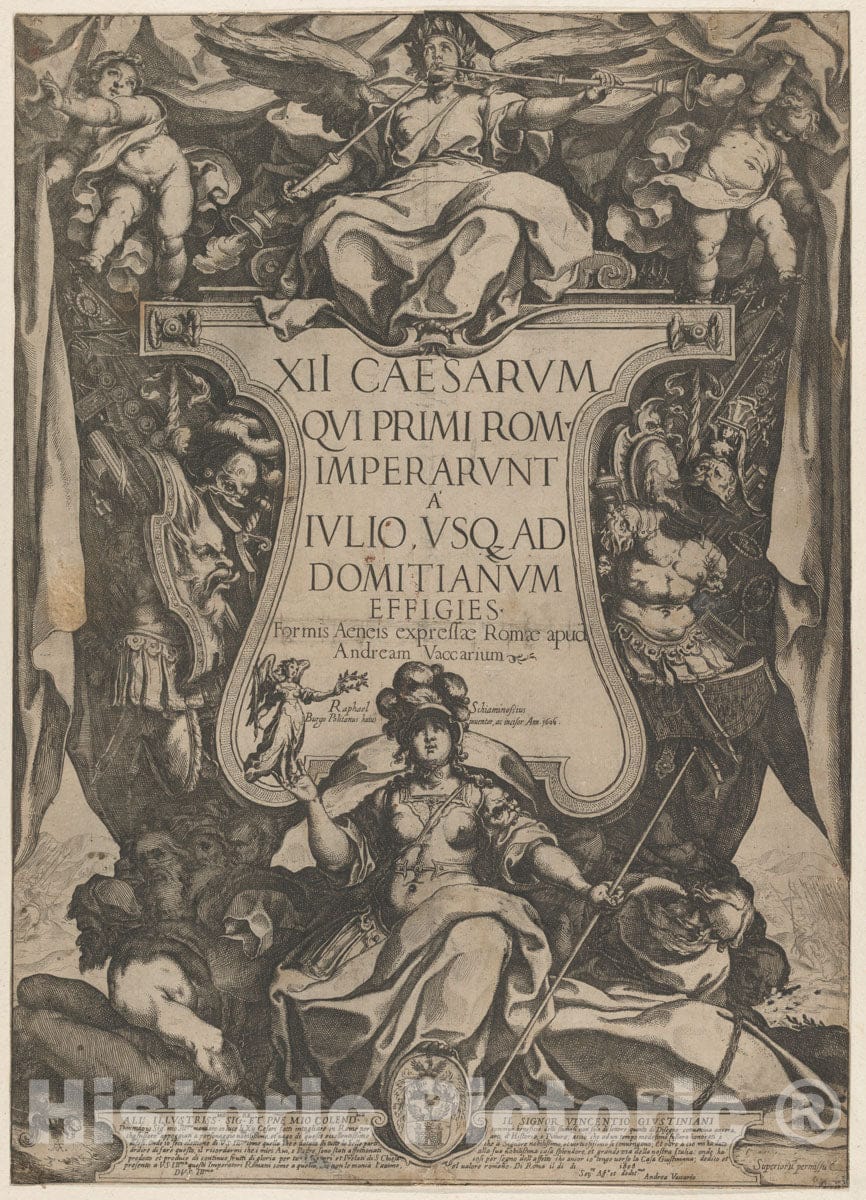 Art Print : Raffaello Schiaminossi - Frontispiece with a Trumpeter Sounding Trumpets Seated on top of a cartouche flanked by Trophies, from 'The Twelve Caesars' : Vintage Wall Art