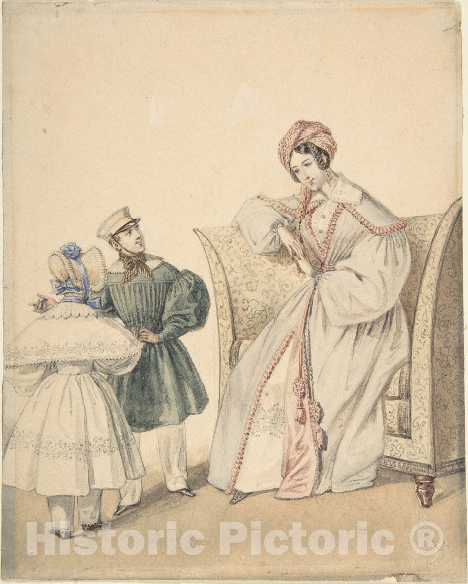 Art Print : Pierre-Numa Bassaget, Called Numa - Fashion Drawing with a Woman Seated in a Chair with a Boy and Girl : Vintage Wall Art