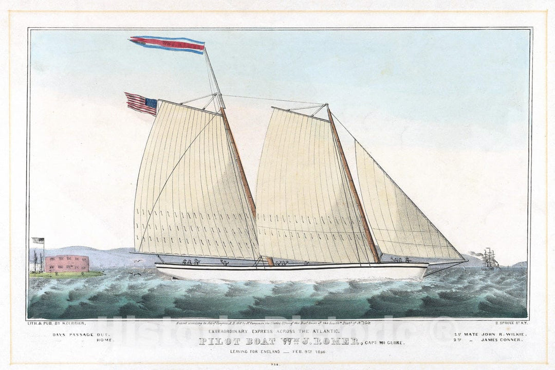 Art Print : Extraordinary Express Across The Atlantic – Pilot Boat William J. Romer - Artist: Nathaniel Currier - Created: 1846 : Vintage Wall Art