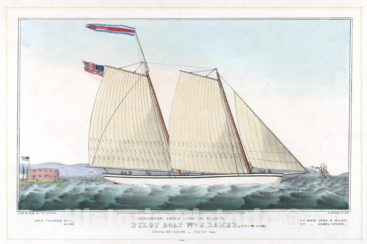 Art Print : Extraordinary Express Across The Atlantic – Pilot Boat William J. Romer - Artist: Nathaniel Currier - Created: 1846 : Vintage Wall Art