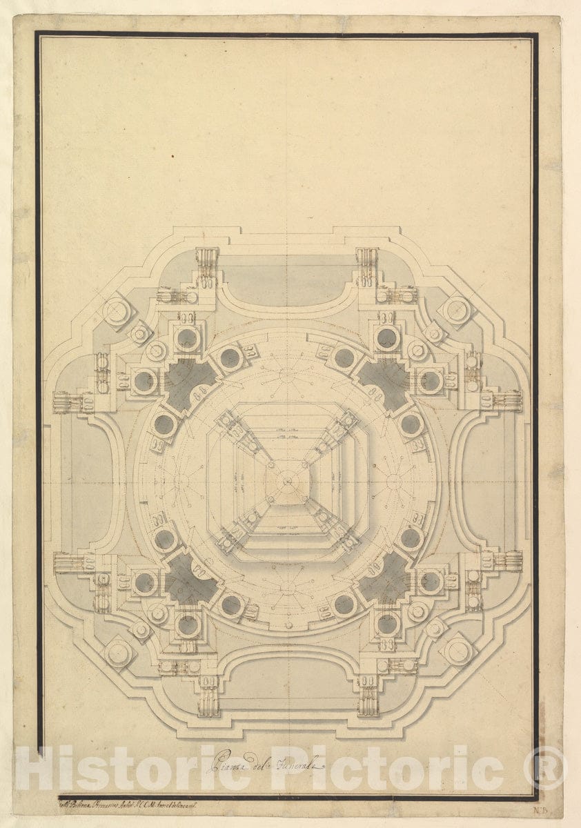 Art Print : Workshop of Giuseppe Galli Bibiena - Ground Plan for The Catafalque for Louis XIV (d. 1715) : Vintage Wall Art