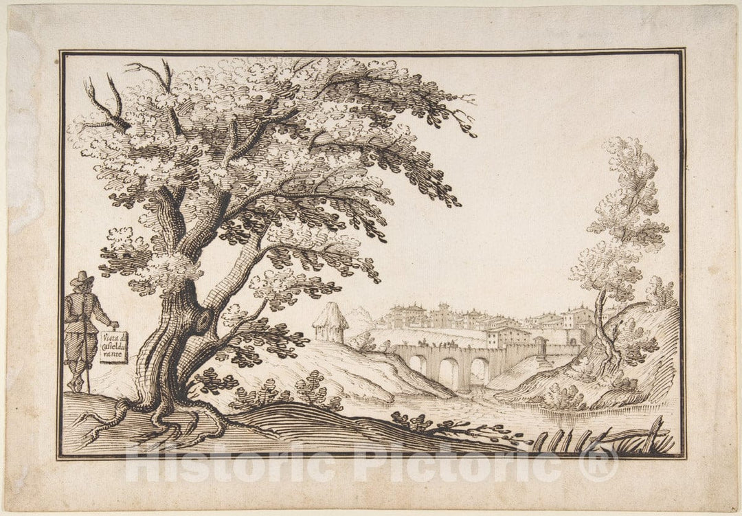 Art Print : Ercole Bazicaluva - Framed Landscape with a View of Castel Durante with a Figure Holding an Inscribed Plaque in The Foreground : Vintage Wall Art