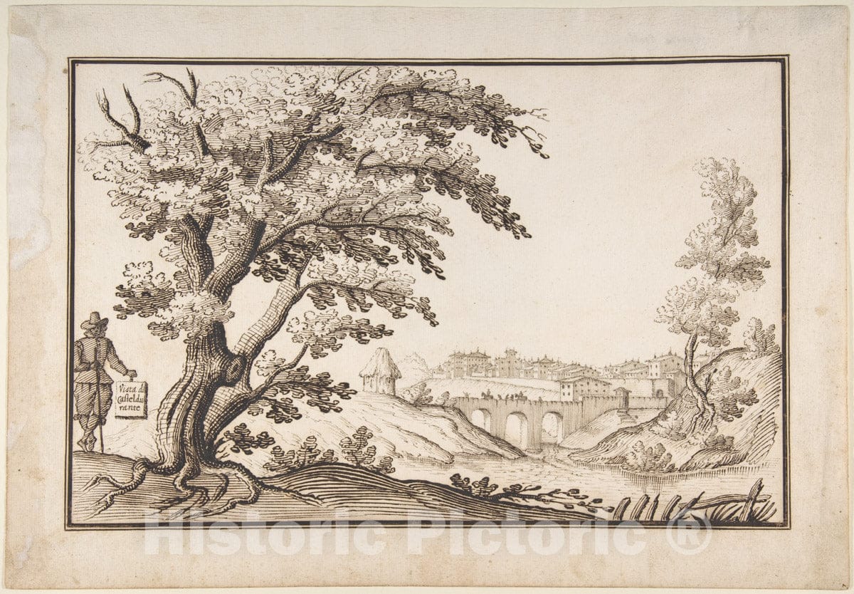 Art Print : Ercole Bazicaluva - Framed Landscape with a View of Castel Durante with a Figure Holding an Inscribed Plaque in The Foreground : Vintage Wall Art