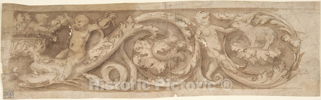 Art Print : Italian, 16th Century - Frieze with Rinceaux and Putti : Vintage Wall Art