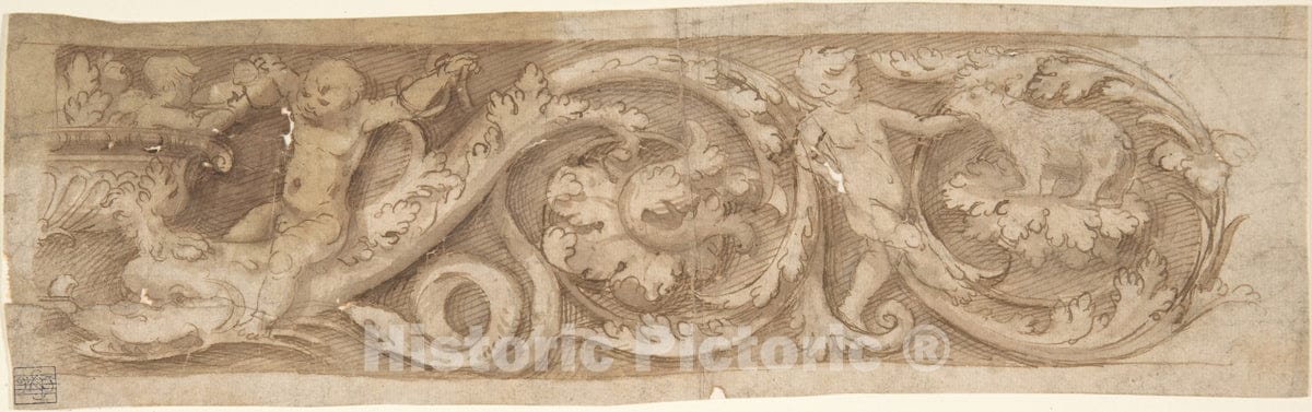 Art Print : Italian, 16th Century - Frieze with Rinceaux and Putti : Vintage Wall Art