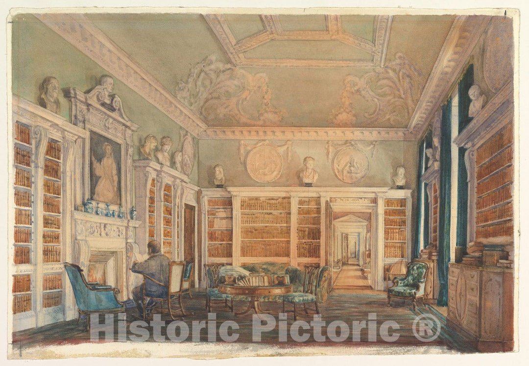 Art Print : Susan Alice Dashwood - View of The Library, Kirtlington Park, Oxfordshire : Vintage Wall Art