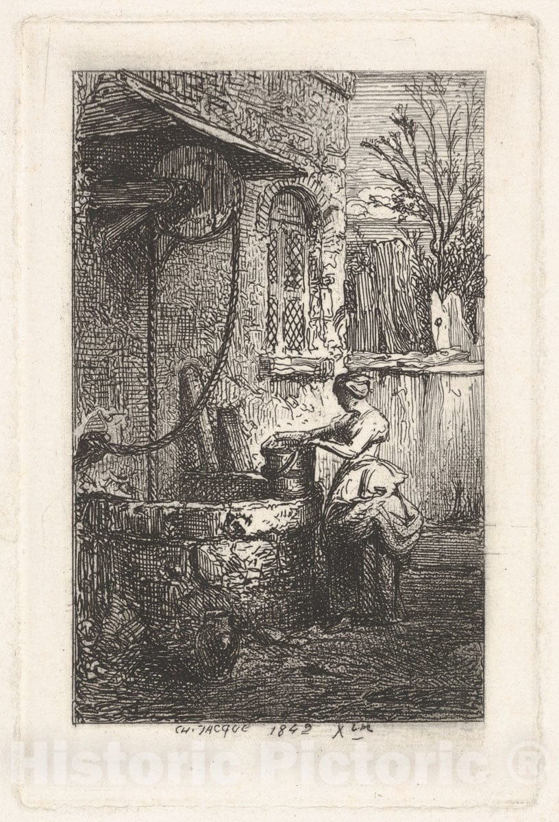 Art Print : Charles Jacque - Ferme au puits : Vintage Wall Art