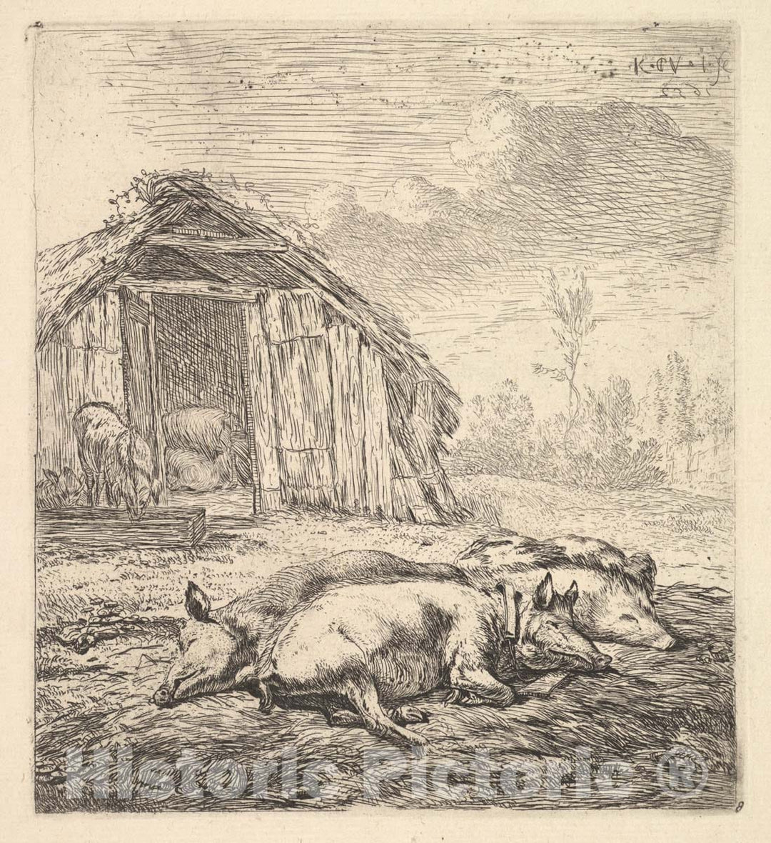 Art Print : Karel Dujardin - Three Pigs Lying on Their Sides, a Pigsty and Trough Beyond : Vintage Wall Art