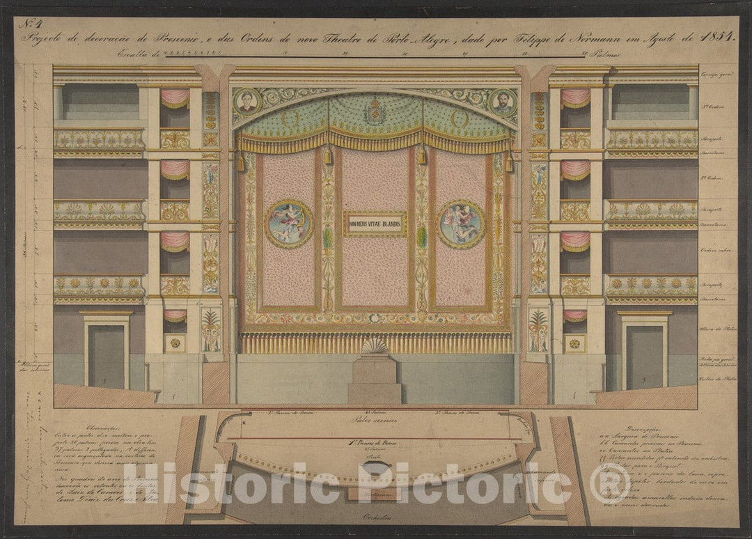 Art Print : Portuguese, 19th Century - Finished Design for a Stage Set with Ruling and Notes : Vintage Wall Art