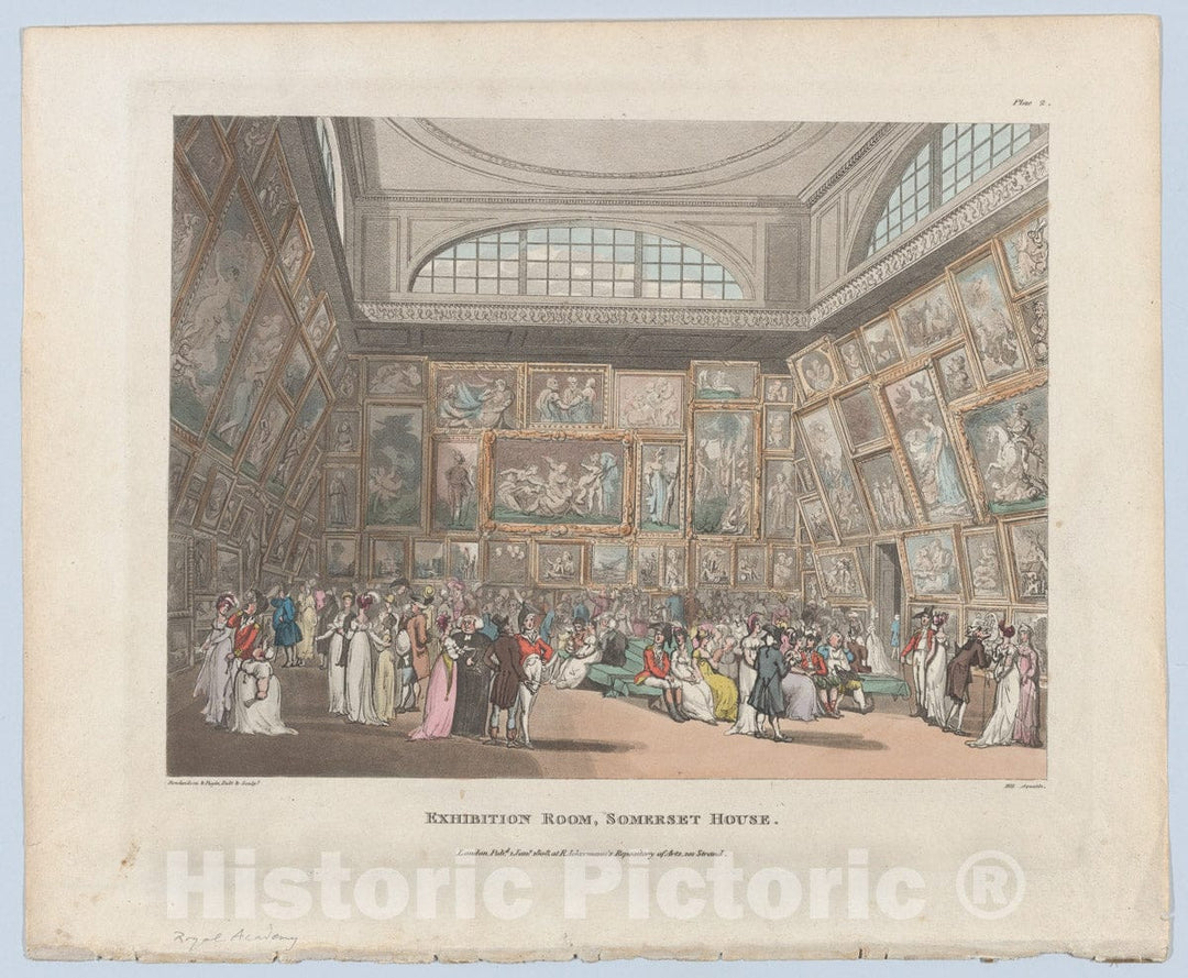 Art Print : Designed and Etched by Thomas Rowlandson - Exhibition Room, Somerset House (Microcosm of London, pl. 2) 1 : Vintage Wall Art