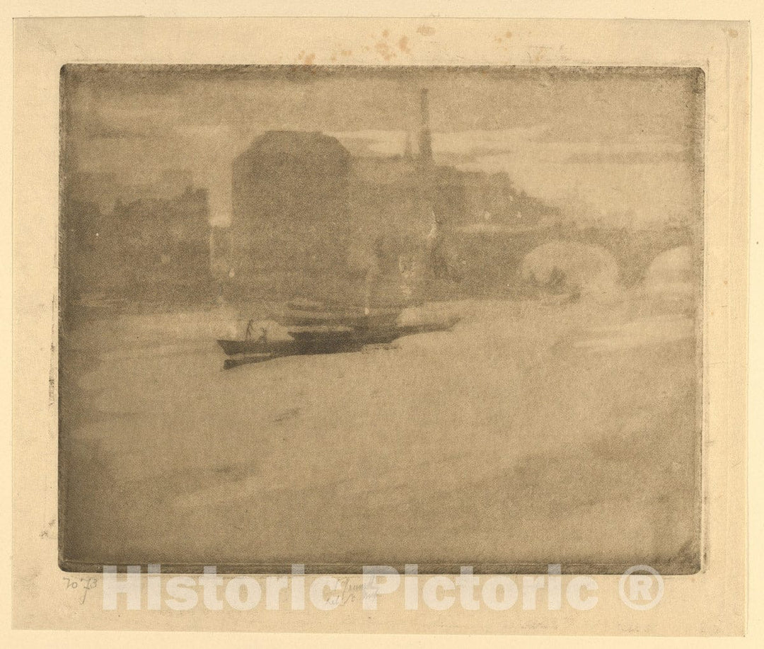 Art Print : Joseph Pennell - Evening Harbor Scene with Bridge (Mist on The Thames) : Vintage Wall Art