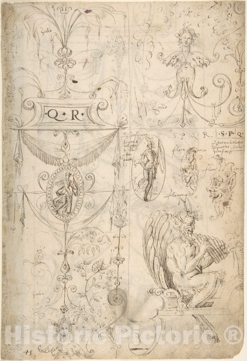 Art Print : Grotesques Designs with Various Inscriptions - Artist: Andres de Melgar - Created: c1545 : Vintage Wall Art