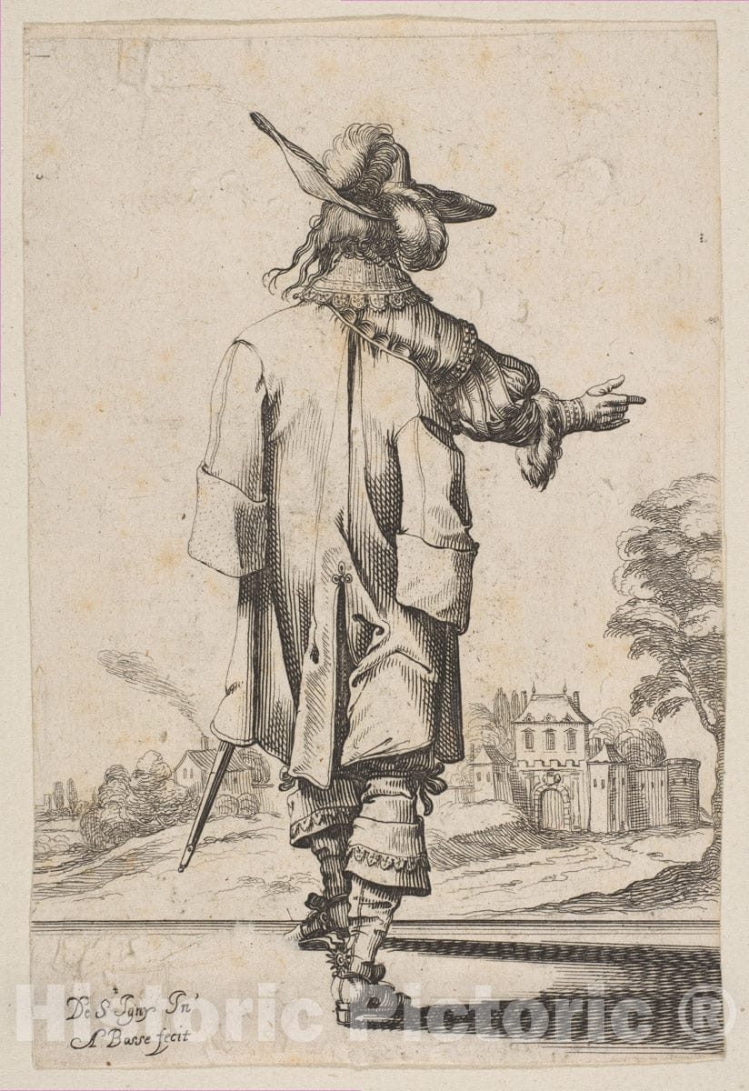 Art Print : Abraham Bosse - Gentleman Seen from The Back Pointing Towards a Chateau : Vintage Wall Art