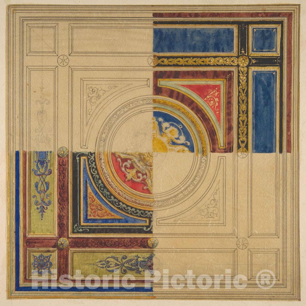 Art Print : Jules-Edmond-Charles Lachaise - Design for a Paneled Ceiling with Alternative Decorations : Vintage Wall Art