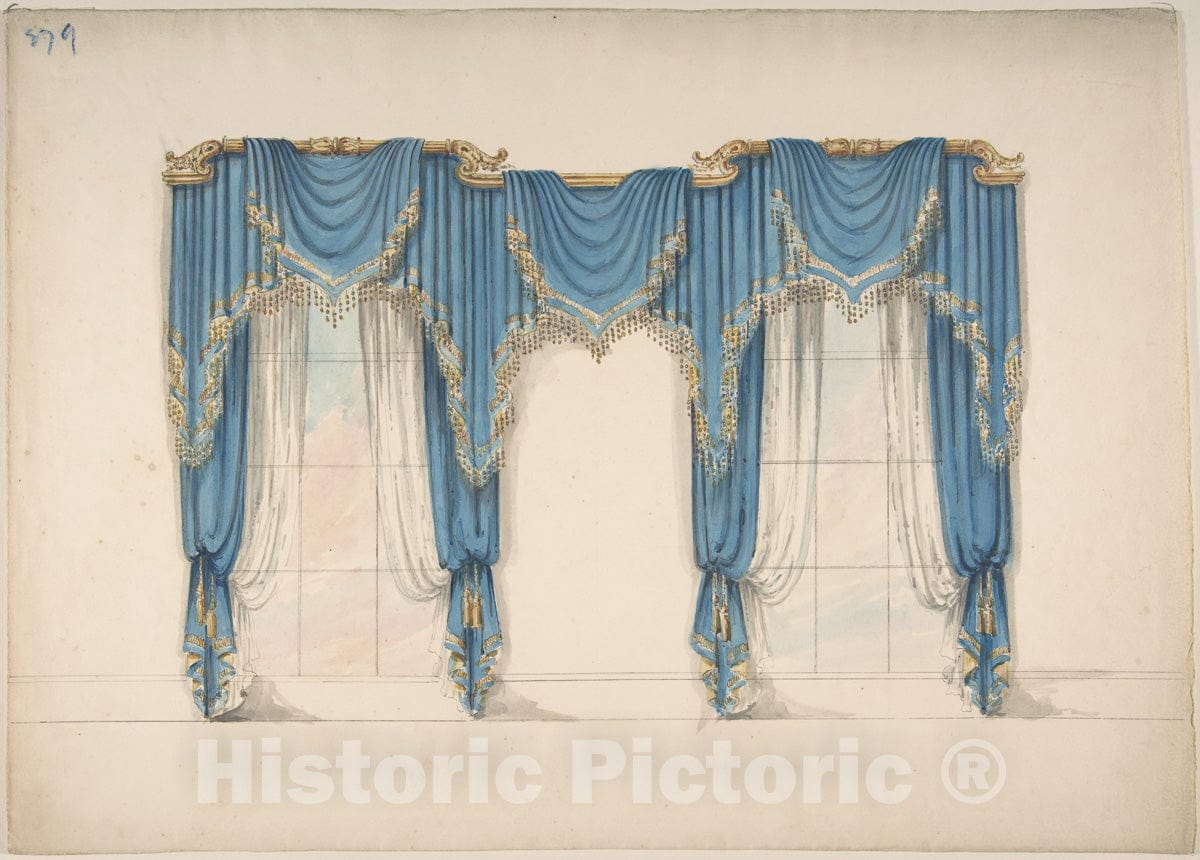 Art Print : British, 19th Century - Design for Blue Curtains with Gold Fringes and Pediments : Vintage Wall Art