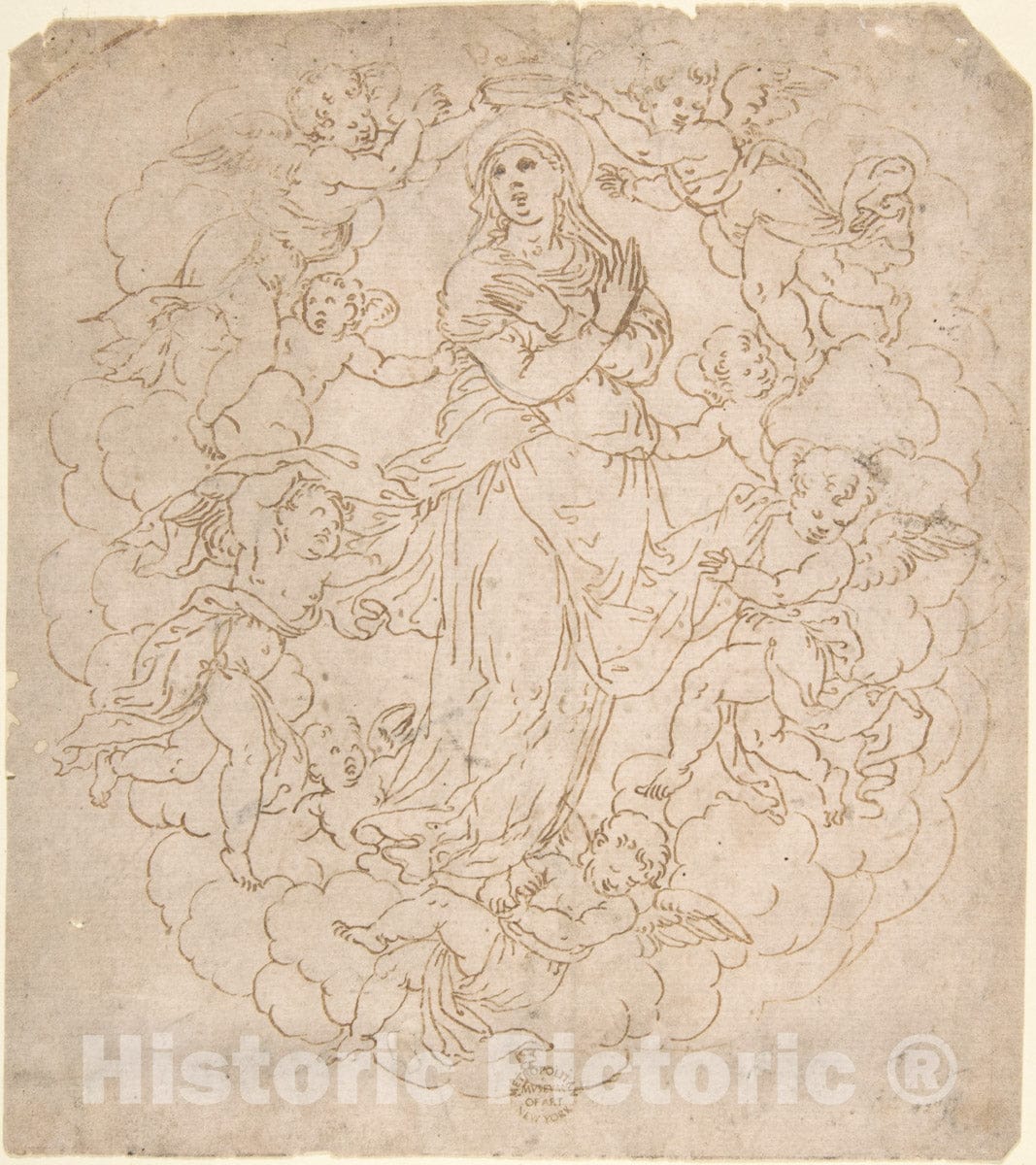 Art Print : Italian, 16th Century - Assumption of The Virgin (Recto); Figure Sketches (Verso) : Vintage Wall Art