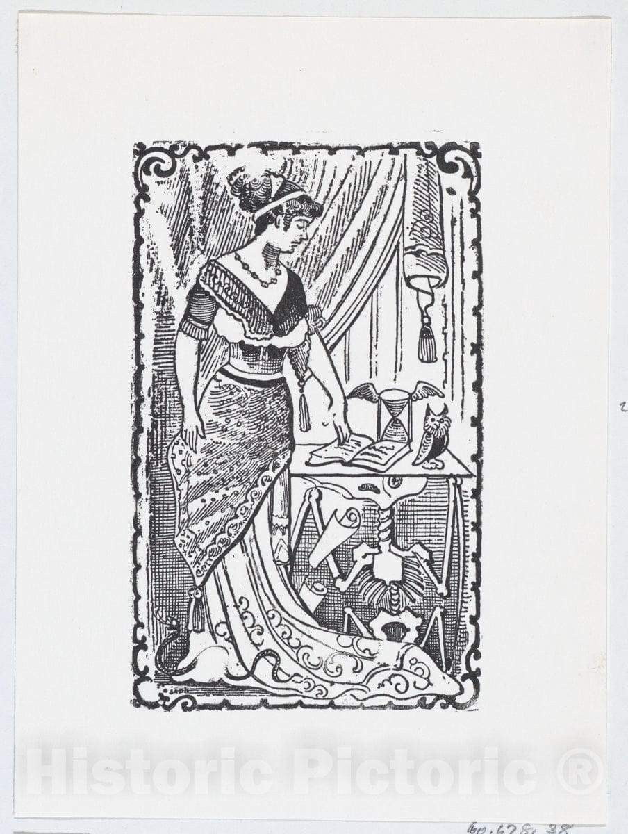 Art Print : José Guadalupe Posada - A Woman Pointing to a Book on a Desk with a Skeleton Underneath : Vintage Wall Art