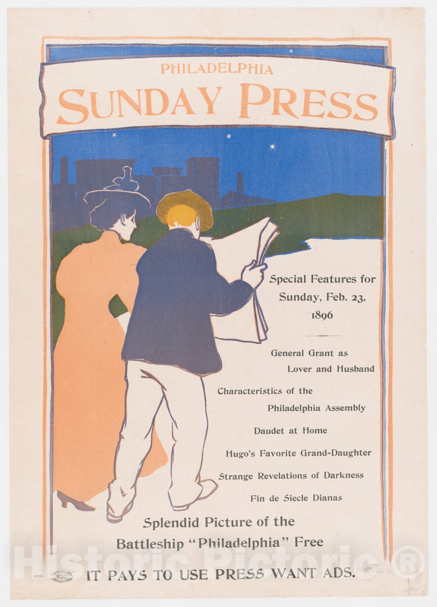 Art Print : George Reiter Brill - Advertisement for Philadelphia Sunday Press: February 23, 1896 : Vintage Wall Art