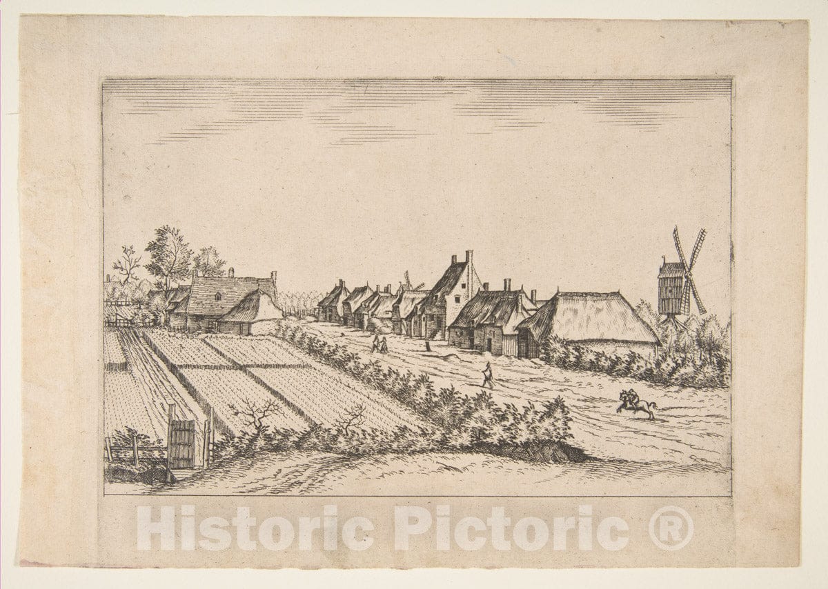 Art Print : Johannes Van Doetecum The Elder - Fields with a Village Road with Post Mill, from The Series The Small Landscapes (Multifariarum Casularum) : Vintage Wall Art