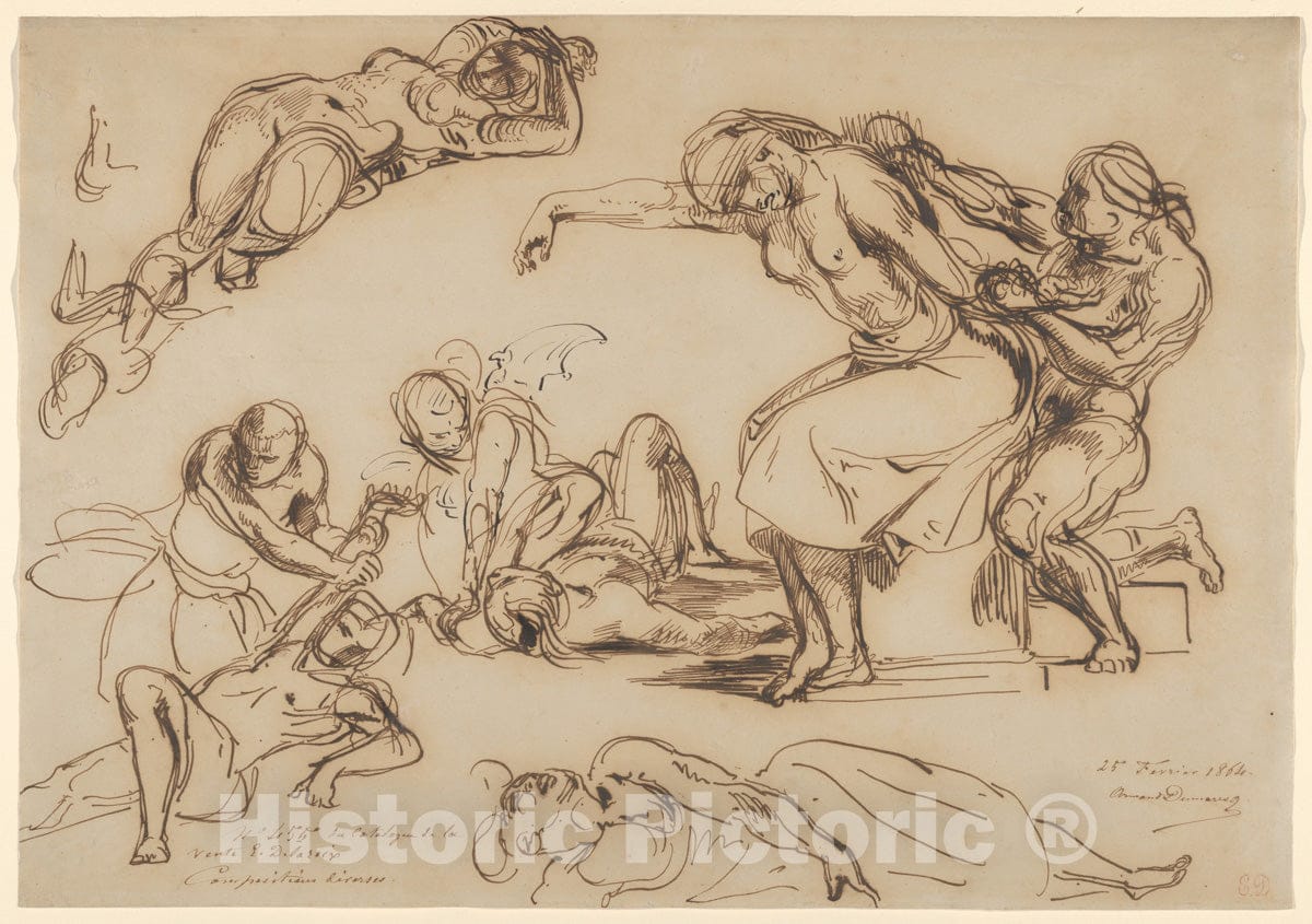 Art Print : Eugène Delacroix - Figure Studies for The Ceiling of The Salon du Roi, Palais Bourbon : Vintage Wall Art