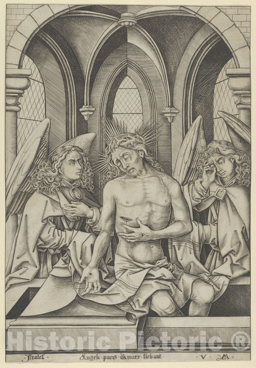 Art Print : Israhel Van Meckenem - Christ as The Man of Sorrows Between Two Angels : Vintage Wall Art