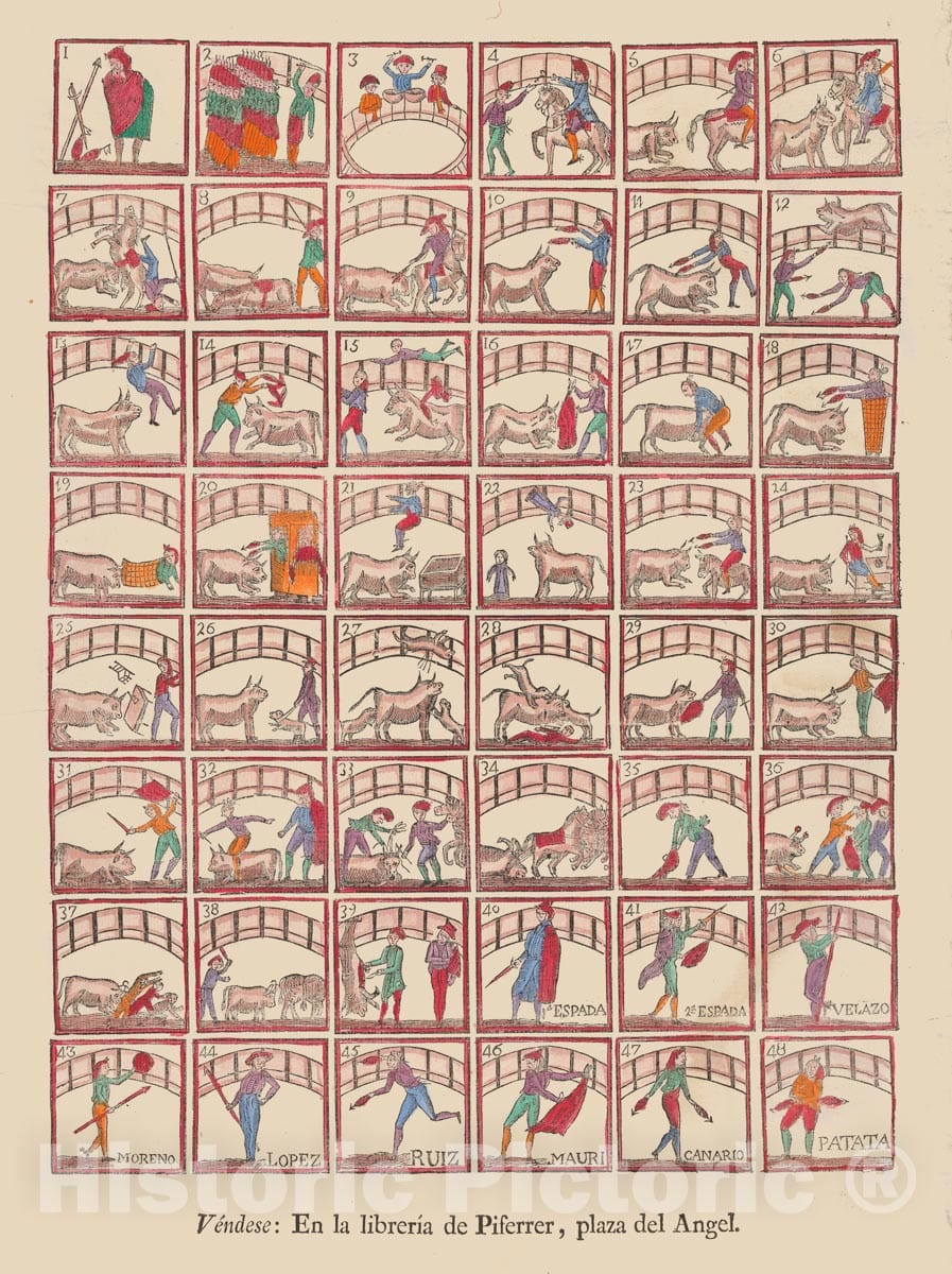 Art Print : Anonymous - Forty-Eight vignettes of Bullfighting manoeuvers and Scenes from The Ring : Vintage Wall Art
