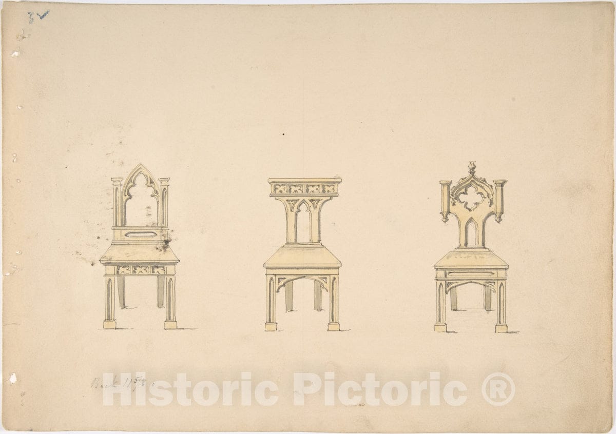 Art Print : British, 19th Century - Design for Three Gothic Style Wooden Chairs : Vintage Wall Art