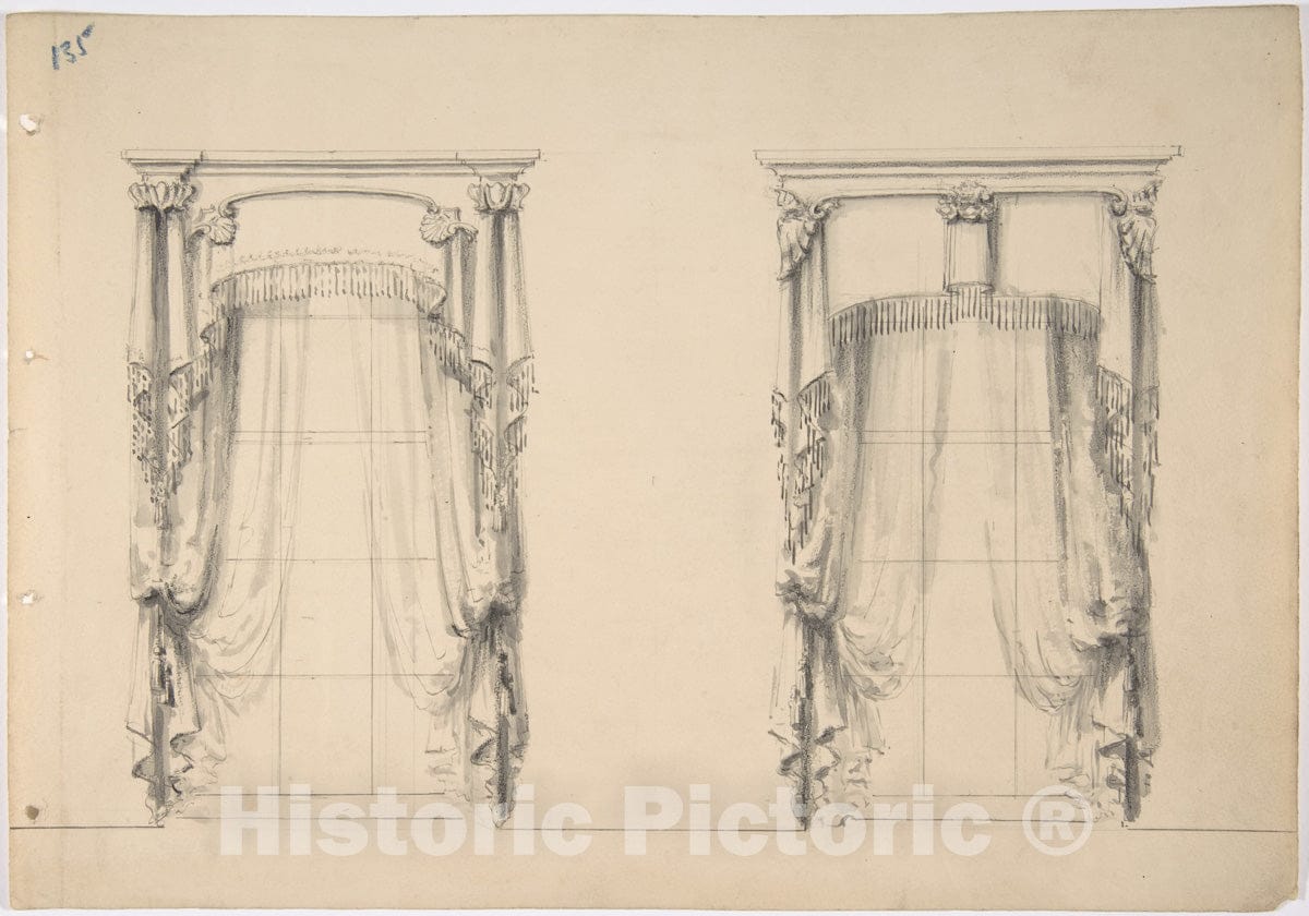 Art Print : British, 19th Century - Design for Fringed Curtains Hanging at Two Windows : Vintage Wall Art