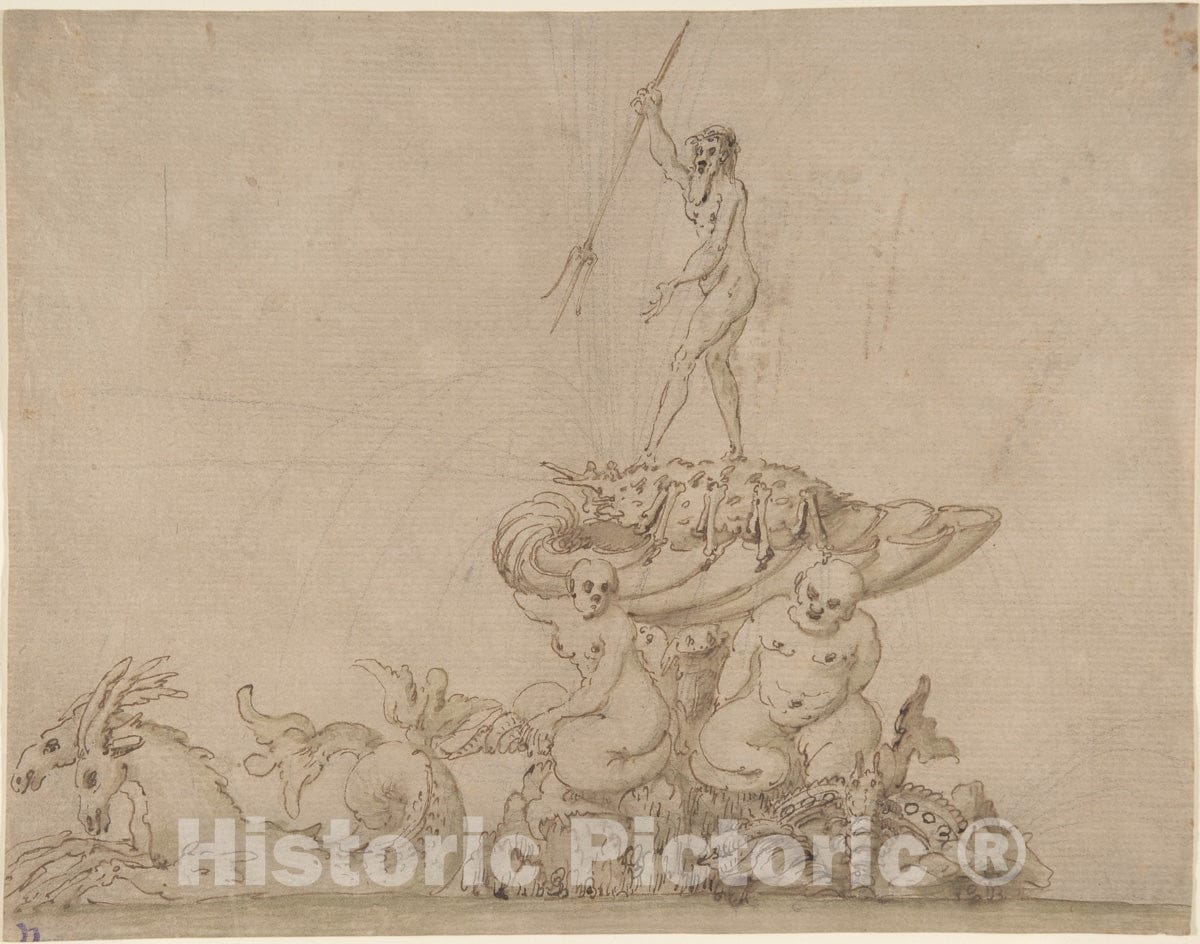 Art Print : Italian, 17th Century - Fountain with Neptune and Sea Creatures : Vintage Wall Art