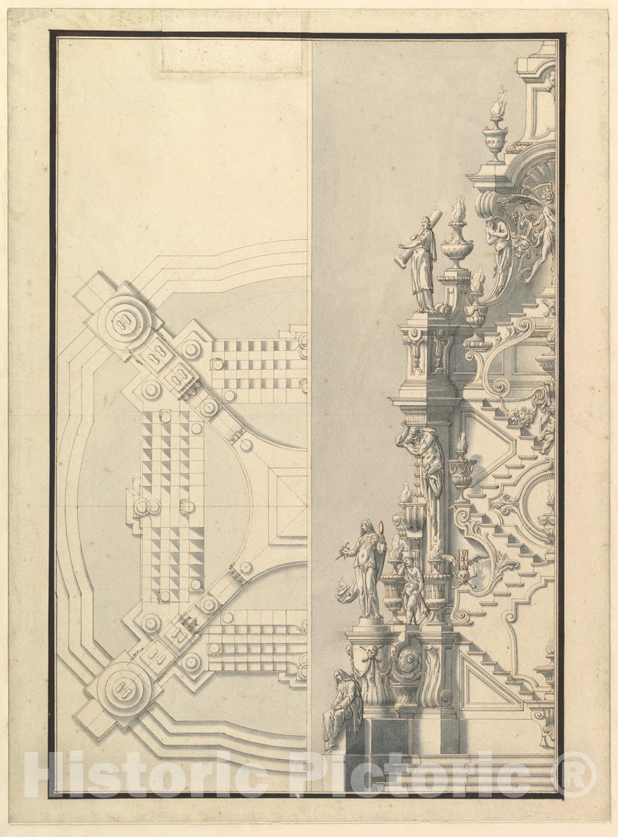 Art Print : Workshop of Giuseppe Galli Bibiena - Half Elevation and Half Ground Plan for a Catafalque : Vintage Wall Art