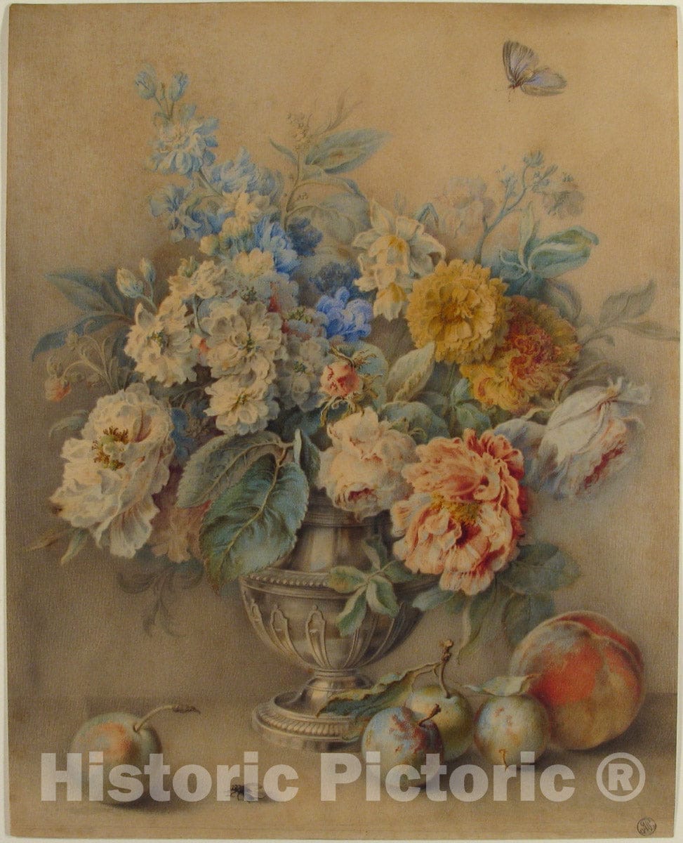 Art Print : Jacques André Portail - Flowers in a Silver Caster, Fruit in The Foreground : Vintage Wall Art