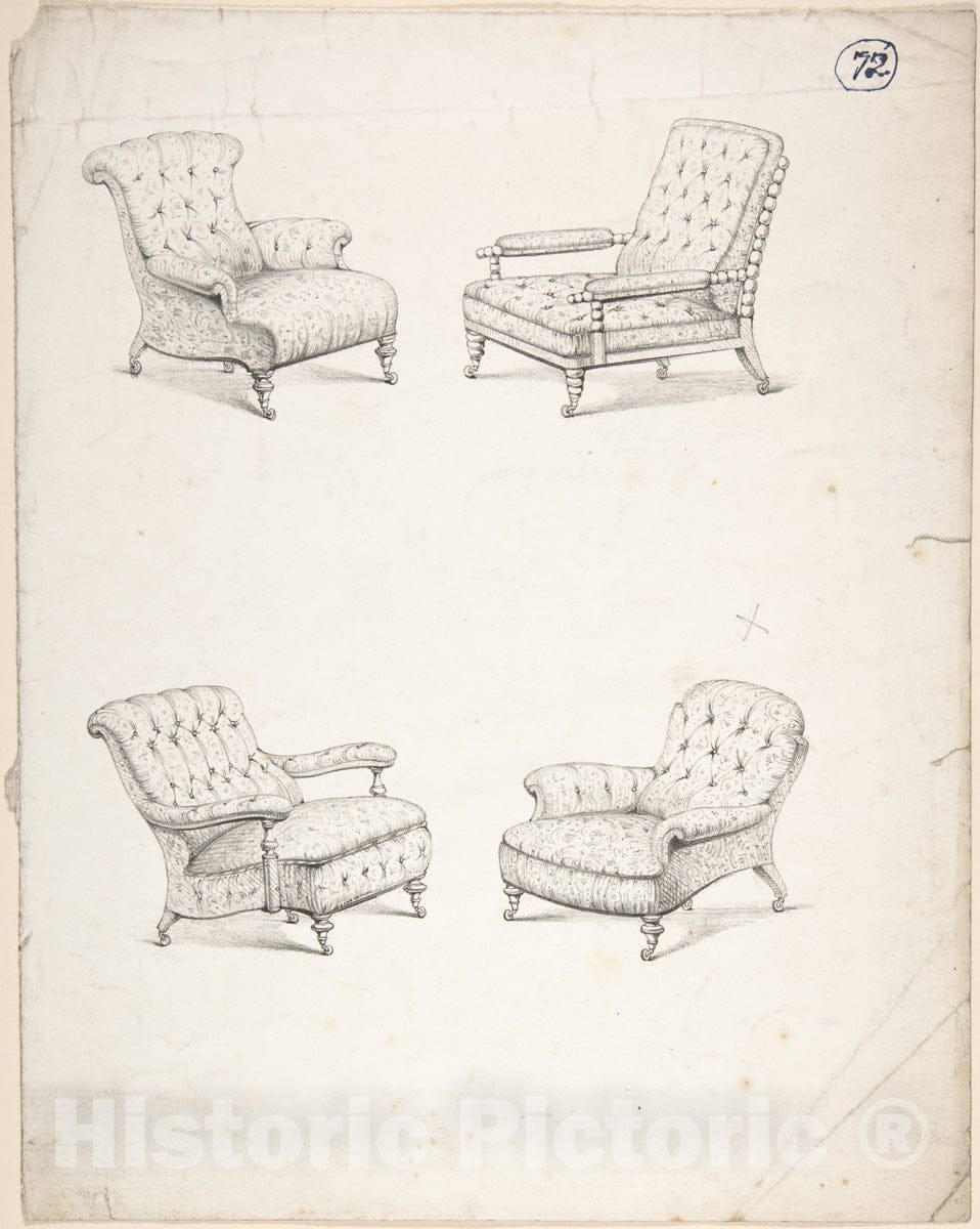 Art Print : Charles Hindley and Sons - Designs for Four Upholstered Chairs 1 : Vintage Wall Art