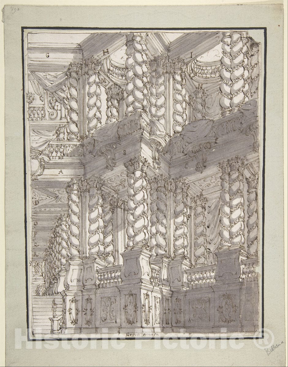 Art Print : Francesco Galli Bibiena - Design for Stage Set with Double Storey of Torqued Columns and Balustrades. : Vintage Wall Art
