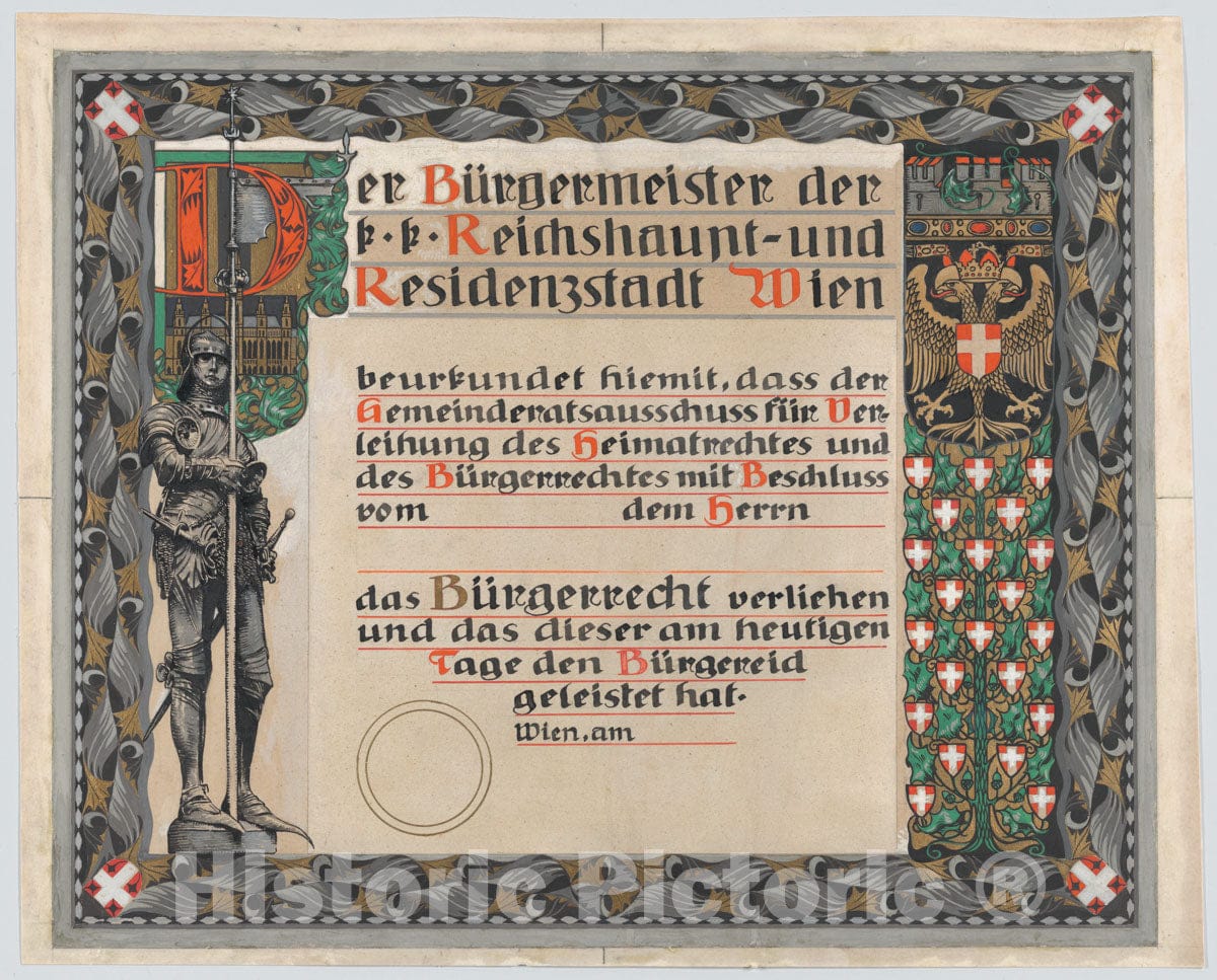 Art Print : Erwin Puchinger - Design for a Certificate of citizenship, Awarded by The City of Vienna 1 : Vintage Wall Art