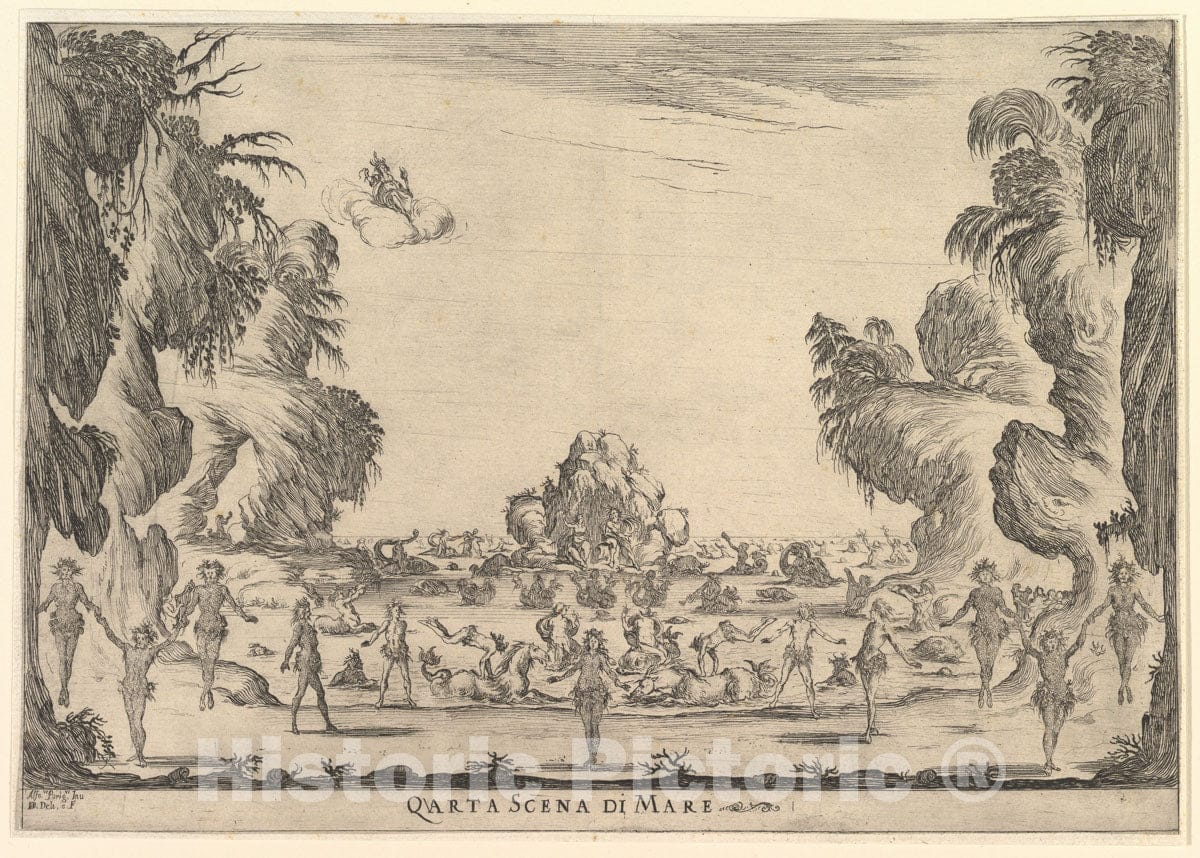 Art Print : Stefano Della Bella - Fourth Scene, The sea, from 'The Marriage of The Gods' (Le nozze Degli Dei) : Vintage Wall Art