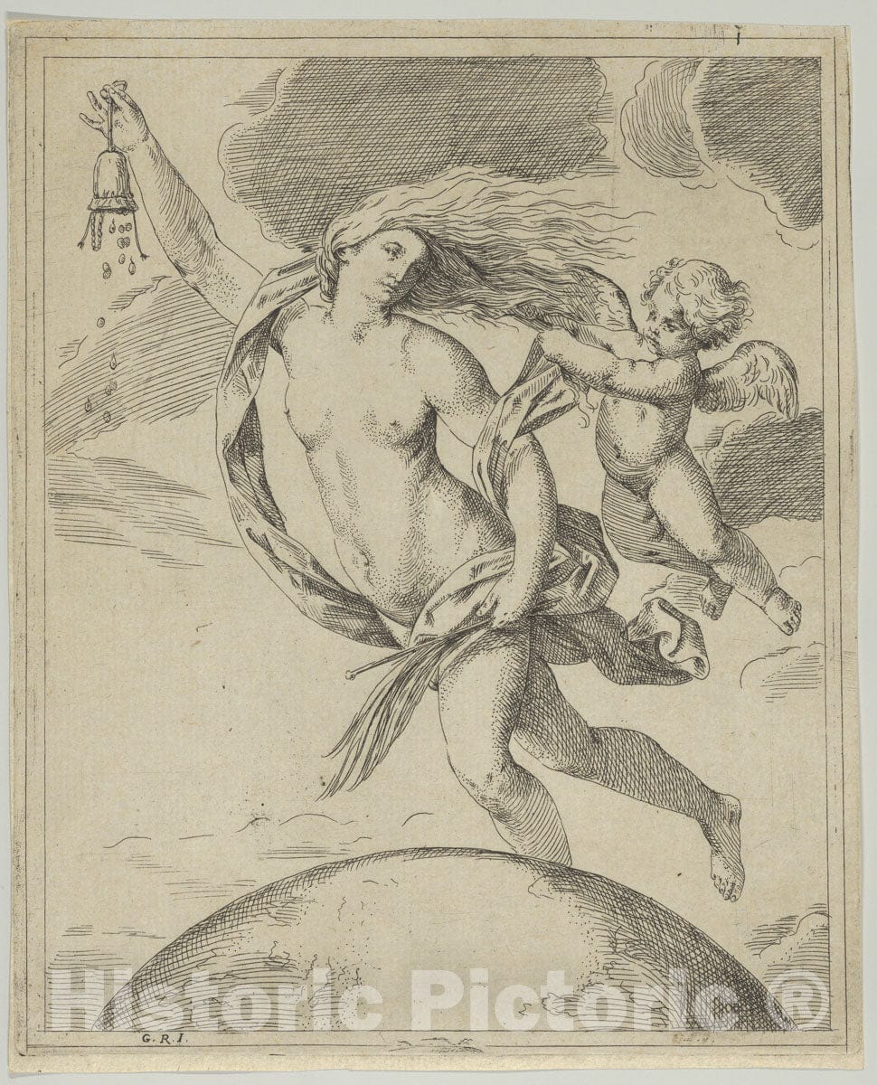 Art Print : Fortune Flying Above The Globe, Partly Naked - Artist: Guido Reni - Created: c1660 : Vintage Wall Art