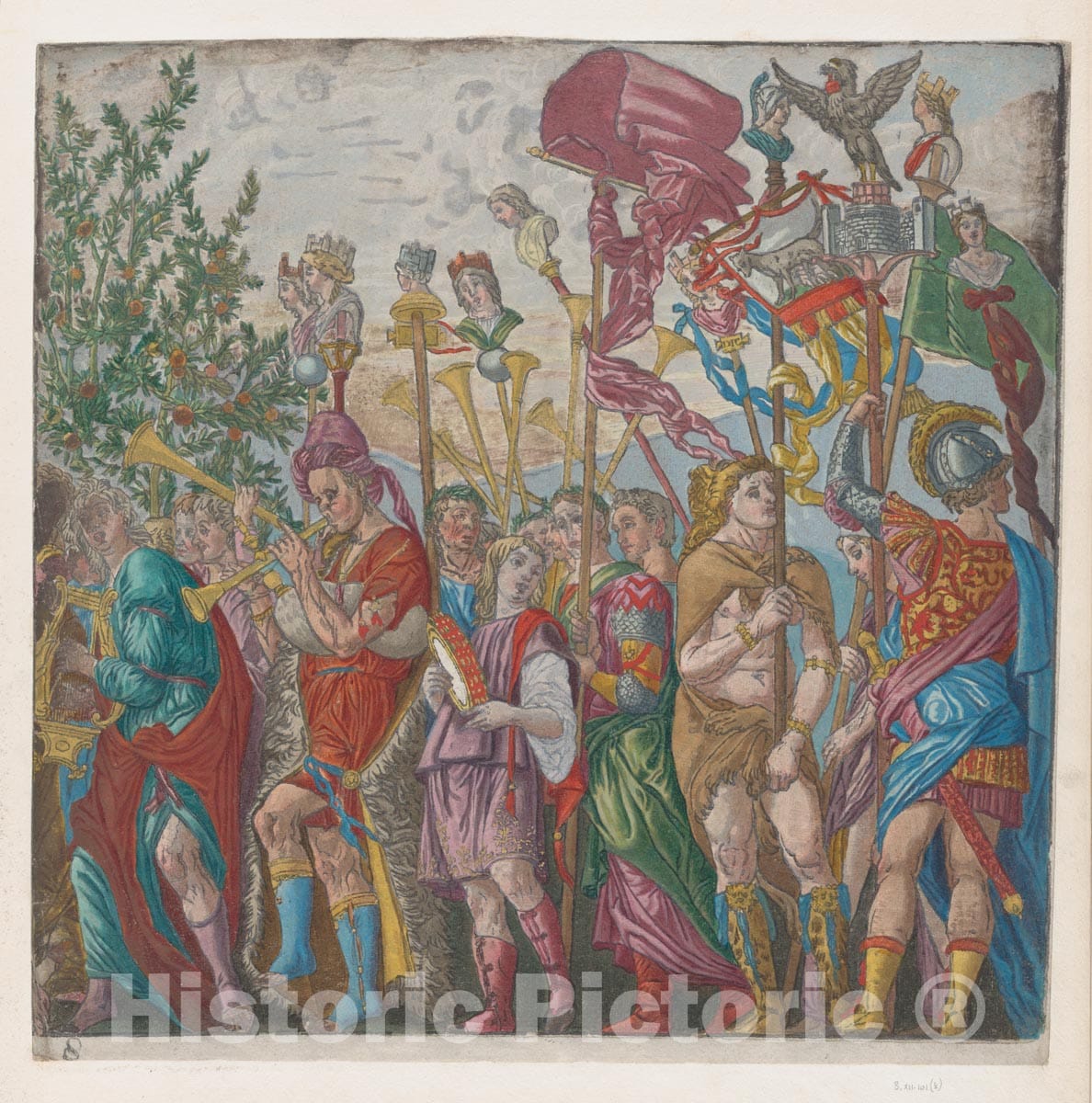 Art Print : Andrea Andreani - Sheet 8: Procession of Musicians and Others Holding Standards, from The Triumph of Julius Caesar : Vintage Wall Art