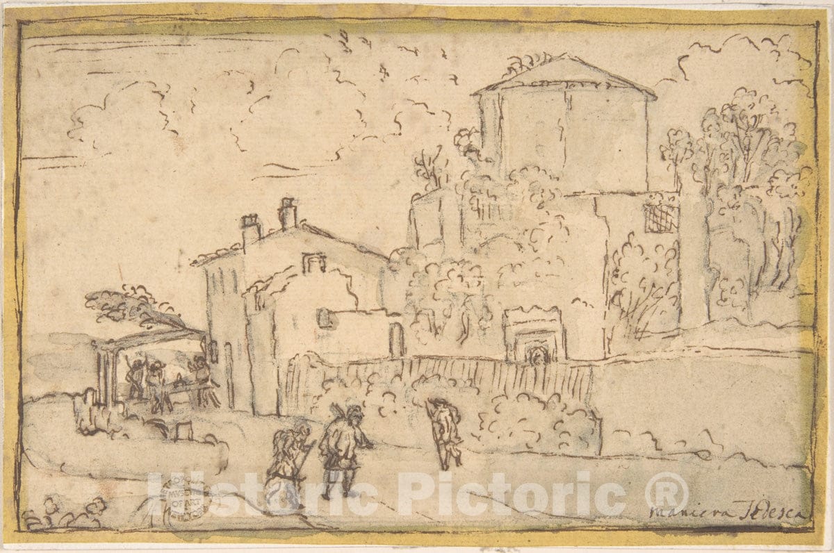 Art Print : Italian, 17th Century - Townscape with an Inn : Vintage Wall Art