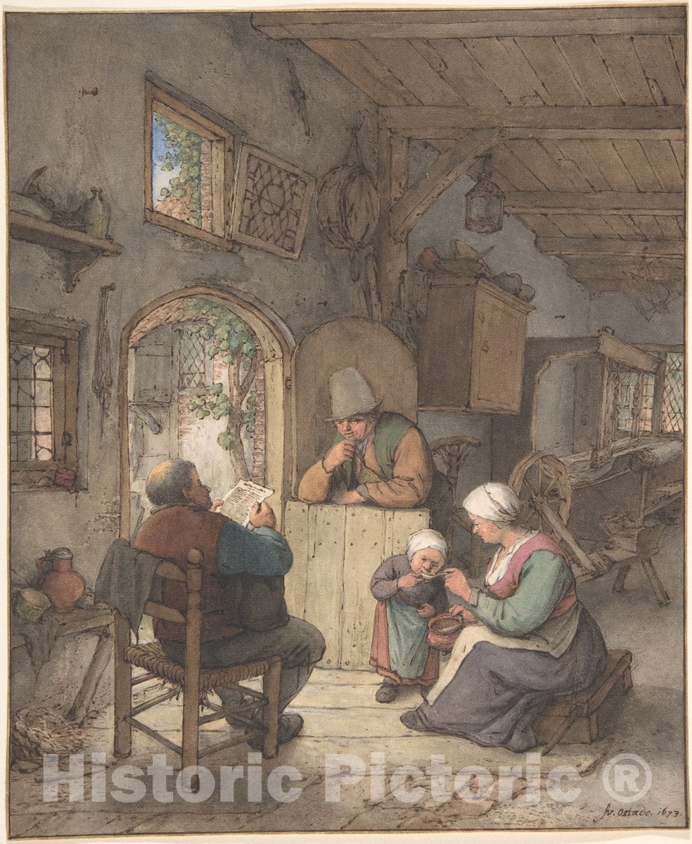 Art Print : Adriaen Van Ostade - Reading The News at The Weavers' Cottage : Vintage Wall Art