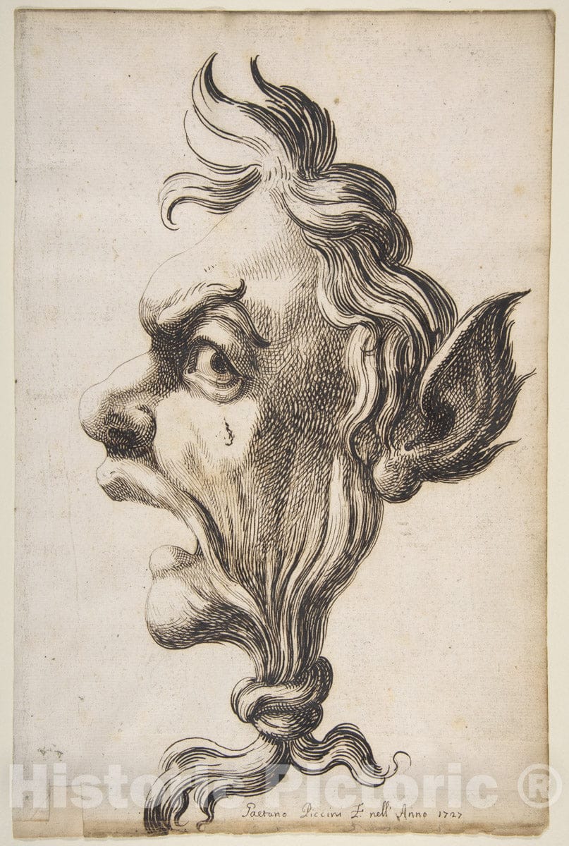 Art Print : Gaetano Piccini - Large Grotesque Head Being Strangled by its Own Hair : Vintage Wall Art