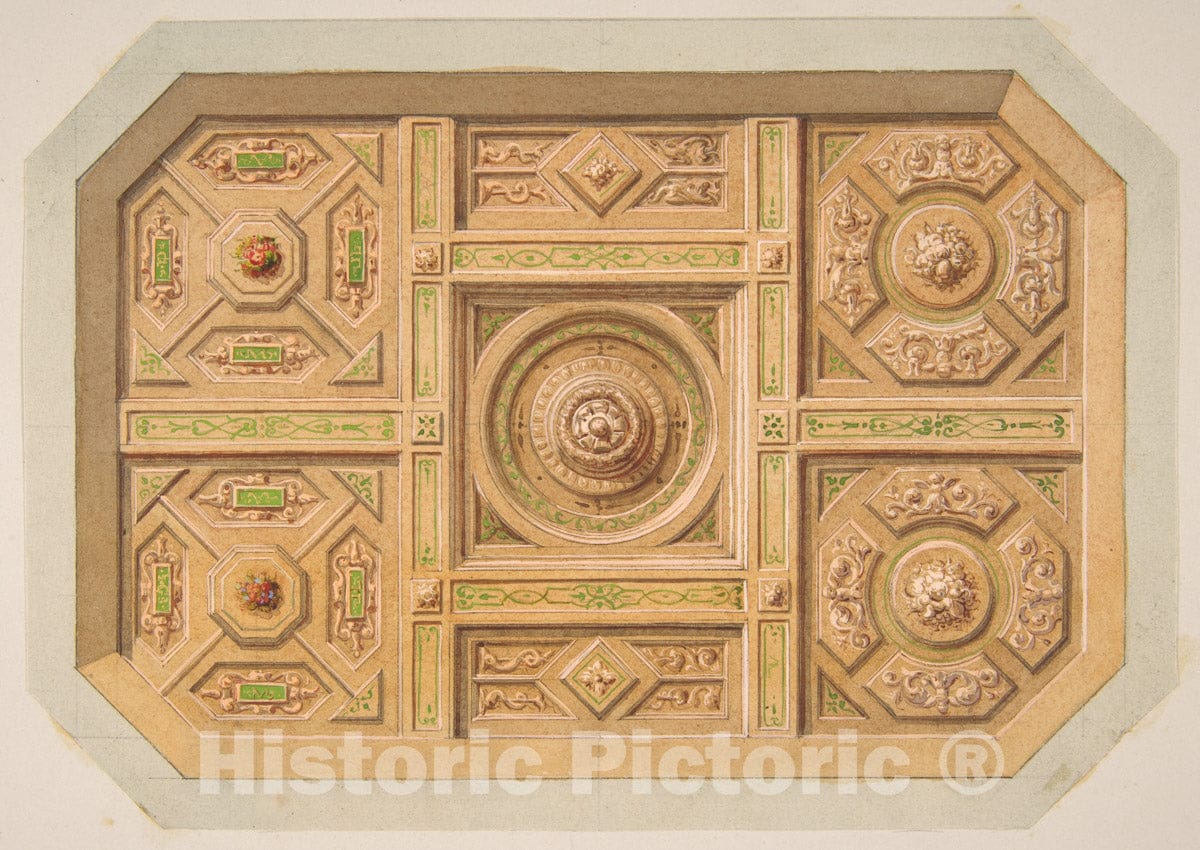 Art Print : Jules-Edmond-Charles Lachaise - Design for a Paneled Ceiling with Painted Decoration : Vintage Wall Art