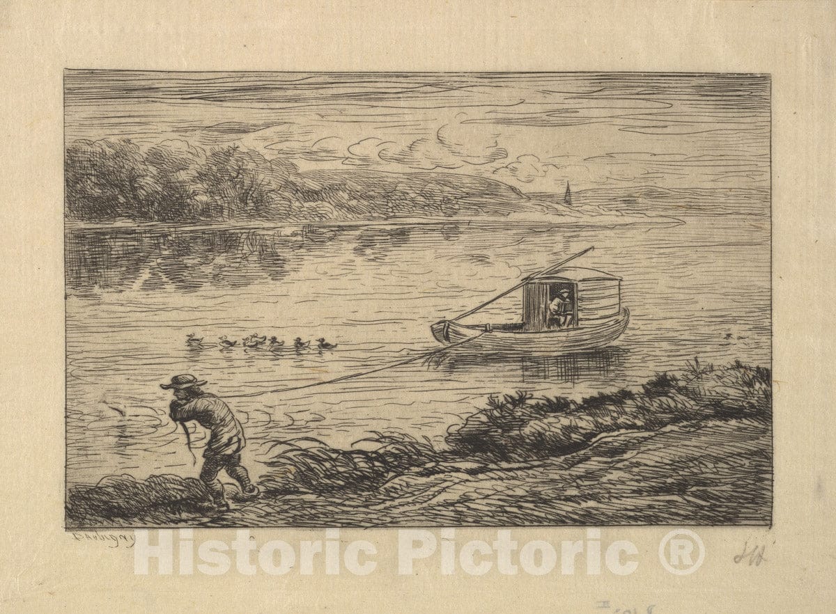 Art Print : Charles-François Daubigny - The Cabin Boy Tows The Boat : Vintage Wall Art