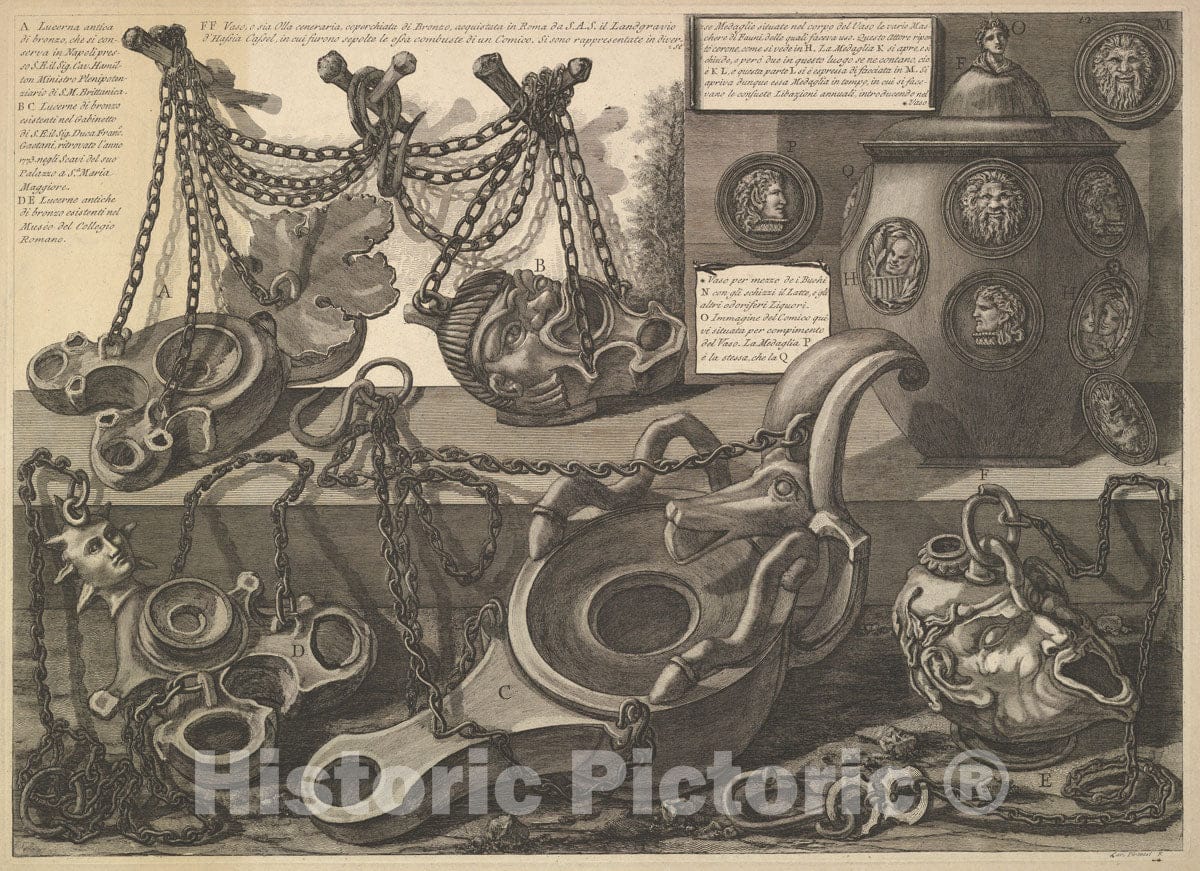 Art Print : Various Lamps and a vase encusted with Cameos - Artist: Giovanni Battista Piranesi - Created: c1778 : Vintage Wall Art