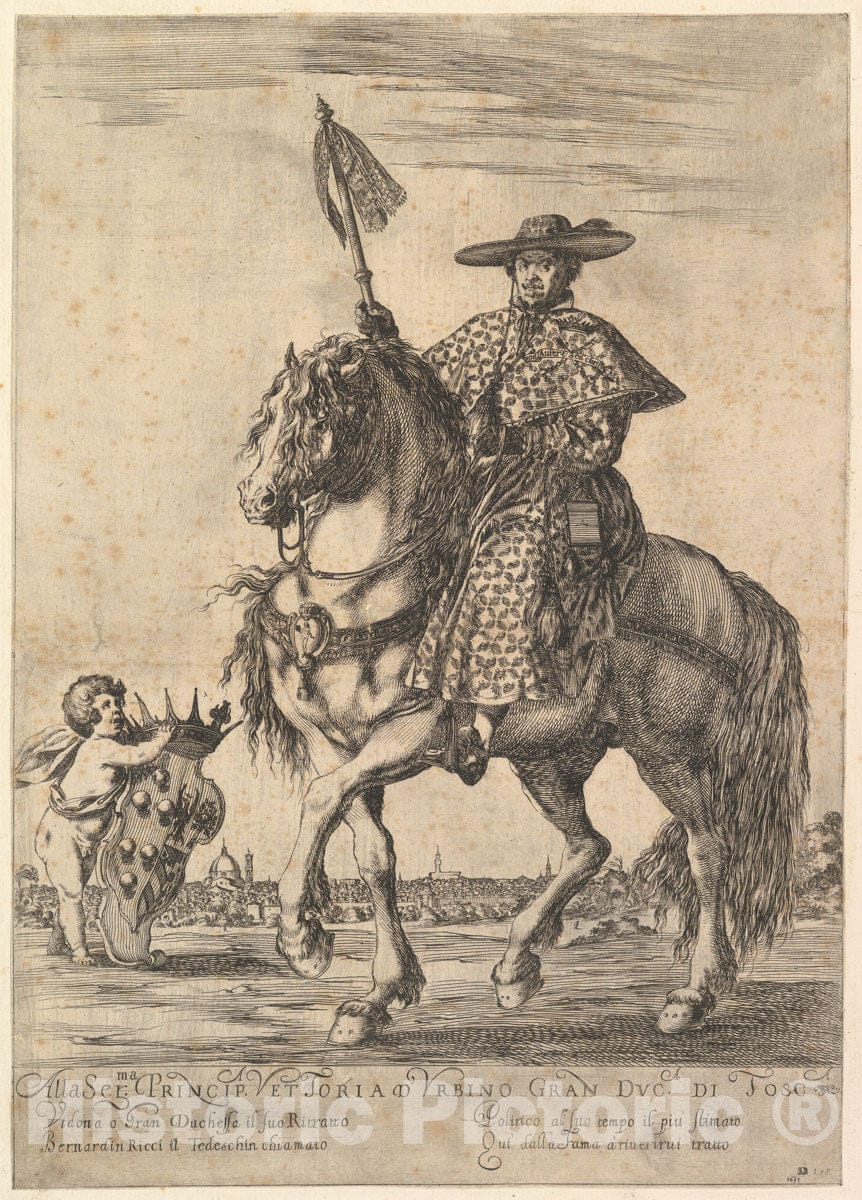 Art Print : Bernardino Ricci, Called il Tedeschino, ATOP a Horse in Center - Artist: Stefano Della Bella - Created: 1637 : Vintage Wall Art