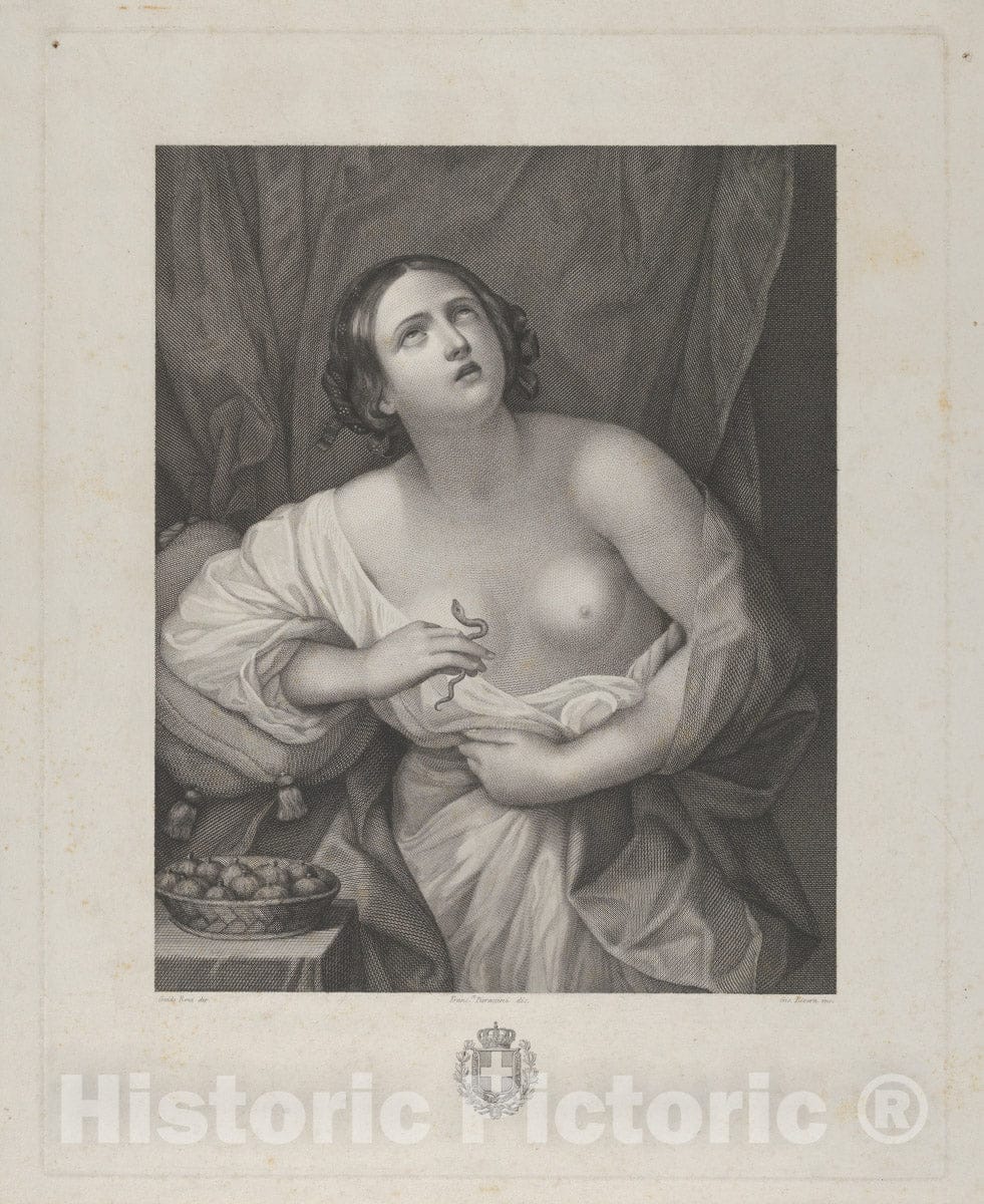 Art Print : Cleopatra looking upwards while holding an asp in her right hand and clutching at her stomach with her left - Artist: Francesco Pieraccini - c1796 : Vintage Wall Art