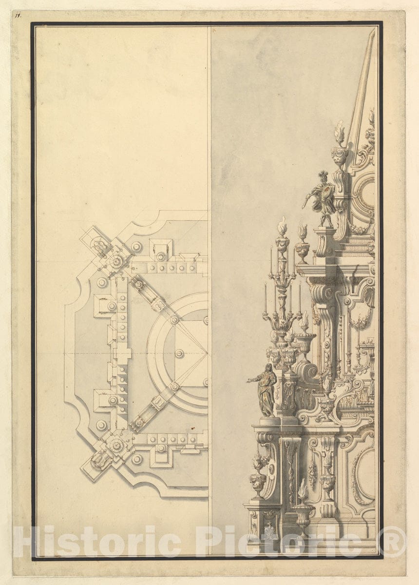 Art Print : Workshop of Giuseppe Galli Bibiena - Half Plan and Half Elevation for a Catafalque for Margarita Louisa, Gran Duchess of Tuscany (d. 1721) : Vintage Wall Art